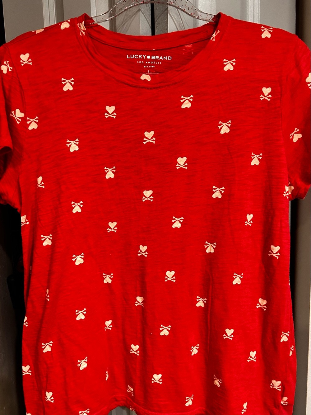 Lucky Brand Red Tee with White Heart & Bow Motif